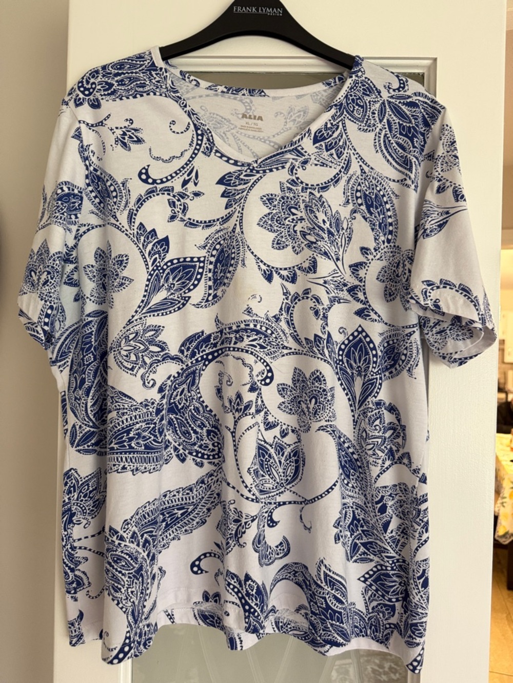 Alia White Tee with Navy Paisley Print